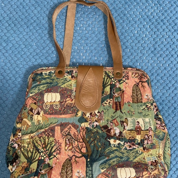 Handbags - Vintage Tapestry Handbag with Leather Handles – One Of A Kind, Snap Closure